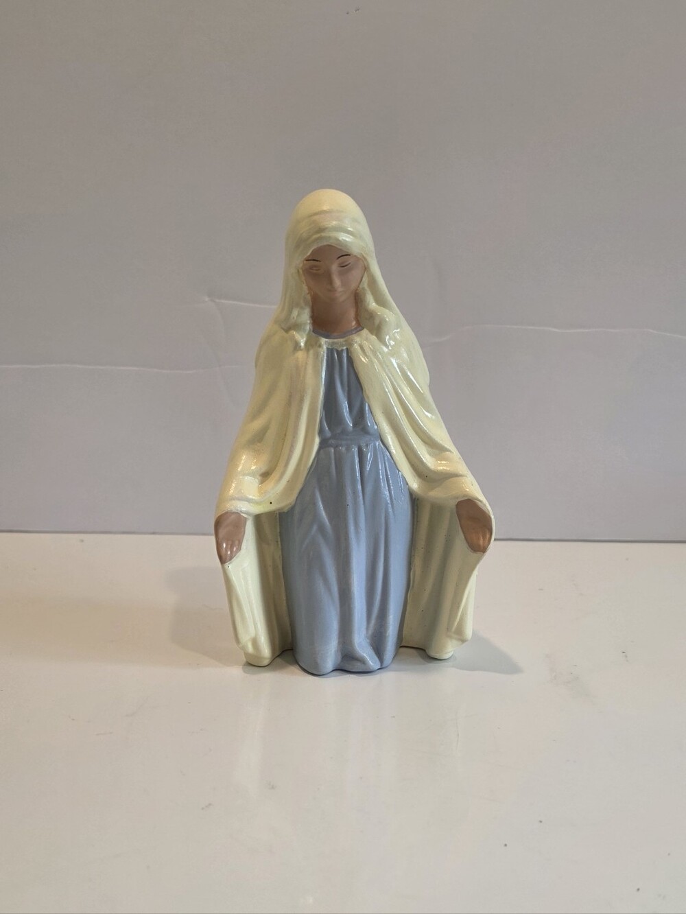 Vintage Virgin Mary Ceramic Figurine in Cream and Light Blue.